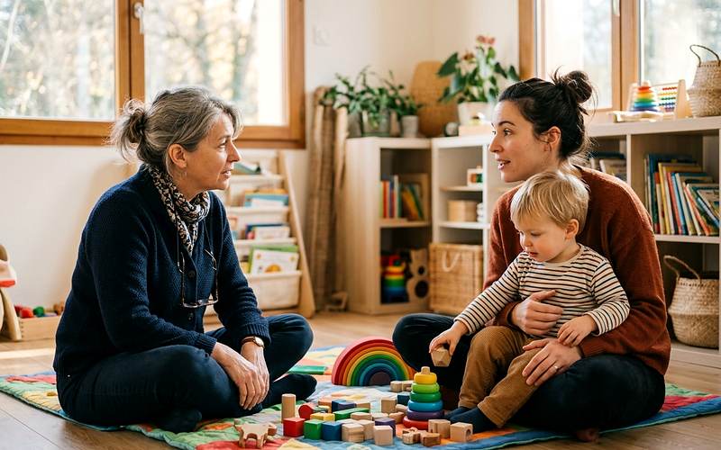 Accompagnement &agrave; la parentalit&eacute; : une accompagnante &eacute;change avec une m&egrave;re et son jeune enfant
