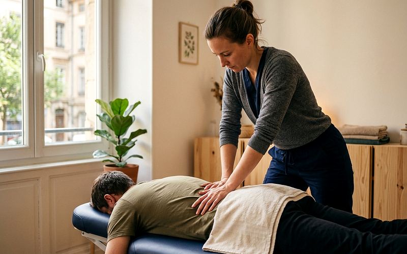 Praticien r&eacute;alisant un ajustement manuel du bas du dos en s&eacute;ance de chiropraxie