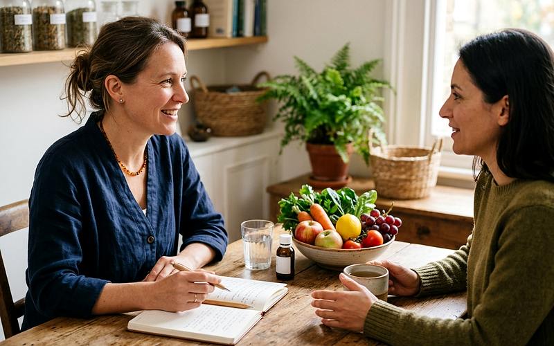 Conseiller en naturopathie recevant une personne accompagn&eacute;e en cabinet pour un bilan de vitalit&eacute;