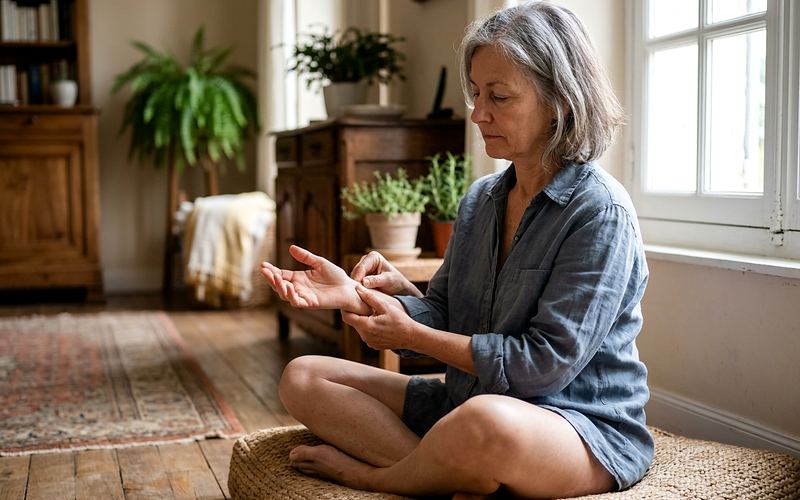 Auto-massage do in des mains lors d'une s&eacute;ance matinale de bien-&ecirc;tre