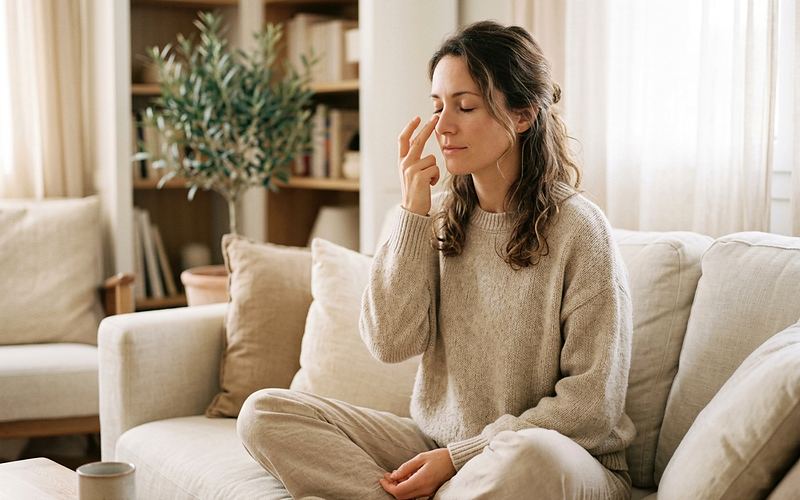 Femme assise sur un canap&eacute; pratiquant l'EFT en tapotant le point situ&eacute; sous l'&oelig;il