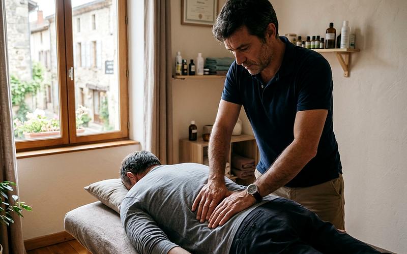 S&eacute;ance d'&eacute;tiopathie : un praticien pose les mains sur le bas du dos d'un homme allong&eacute;