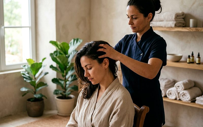 Praticienne r&eacute;alisant un massage cr&acirc;nien du cuir chevelu sur une personne assise et d&eacute;tendue