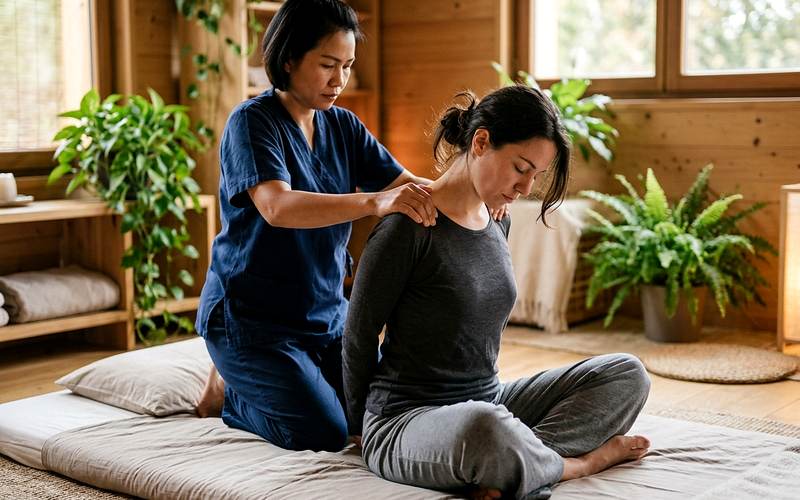Praticienne guidant un &eacute;tirement assist&eacute; lors d'une s&eacute;ance de massage tha&iuml; au sol