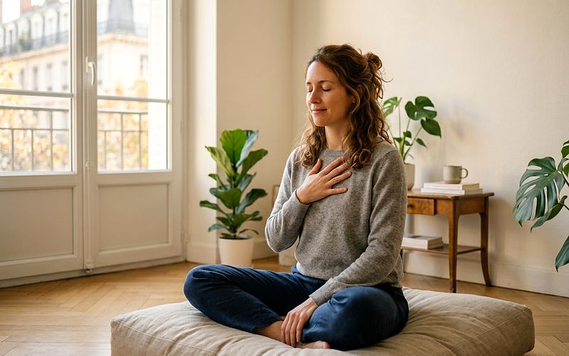 Femme pratiquant la m&eacute;ditation de pleine conscience assise en tailleur pr&egrave;s d'une fen&ecirc;tre lumineuse