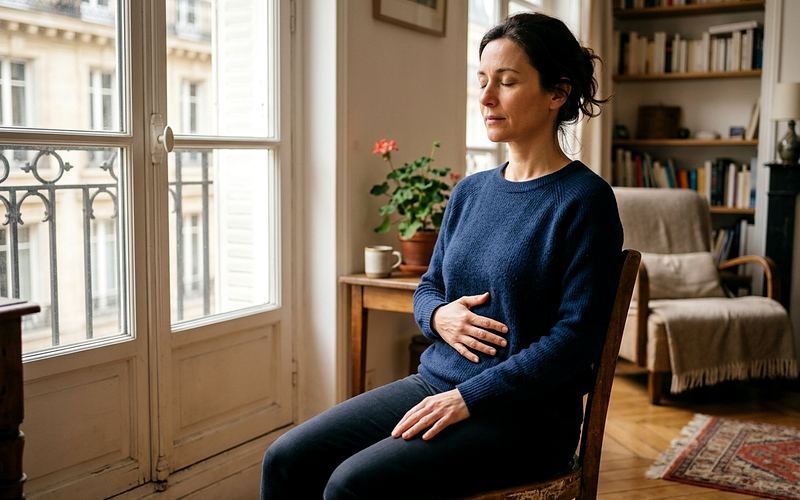 Femme assise pr&egrave;s d'une fen&ecirc;tre pratiquant une respiration abdominale lente pour stimuler le nerf vague, main pos&eacute;e sur le ventre