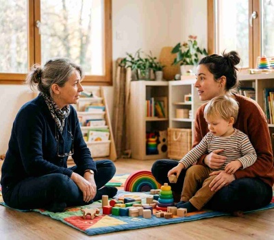 Accompagnement à la parentalité : une accompagnante échange avec une mère et son jeune enfant