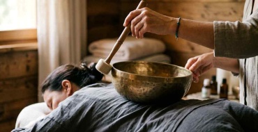 Praticienne frappant un bol tibétain posé sur le dos d'une femme allongée habillée lors d'un massage sonore