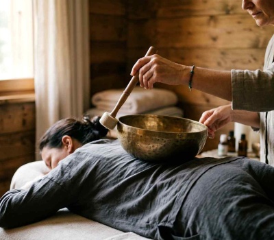 Praticienne frappant un bol tibétain posé sur le dos d'une femme allongée habillée lors d'un massage sonore