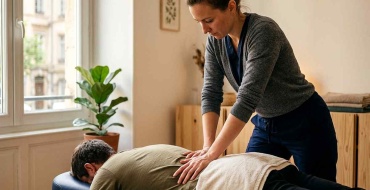 Praticien réalisant un ajustement manuel du bas du dos en séance de chiropraxie