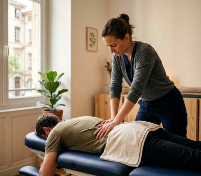 Praticien réalisant un ajustement manuel du bas du dos en séance de chiropraxie