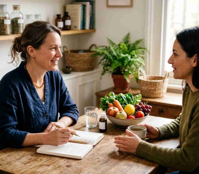 Conseiller en naturopathie recevant une personne accompagnée en cabinet pour un bilan de vitalité