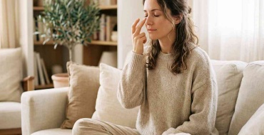 Femme assise sur un canapé pratiquant l'EFT en tapotant le point situé sous l'œil