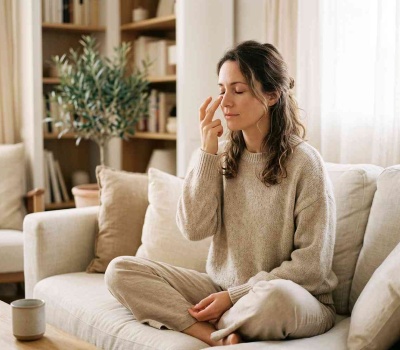 Femme assise sur un canapé pratiquant l'EFT en tapotant le point situé sous l'œil