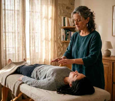 Énergéticienne tenant ses mains au-dessus du buste d'une femme allongée habillée lors d'une séance d'imposition des mains