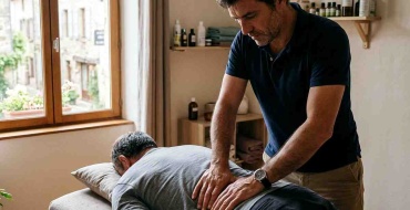 Séance d'étiopathie : un praticien pose les mains sur le bas du dos d'un homme allongé