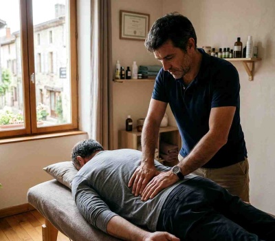 Séance d'étiopathie : un praticien pose les mains sur le bas du dos d'un homme allongé