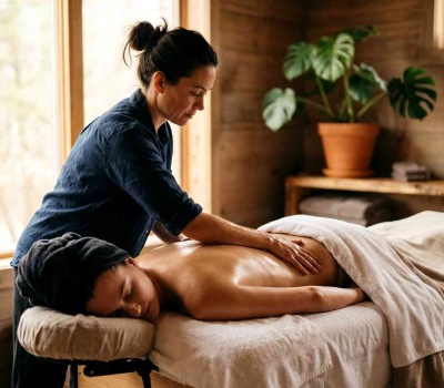 Praticienne réalisant un massage lomi lomi aux avant-bras en longs mouvements sur une personne allongée