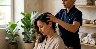 Praticienne réalisant un massage crânien du cuir chevelu sur une personne assise et détendue