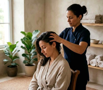 Praticienne réalisant un massage crânien du cuir chevelu sur une personne assise et détendue