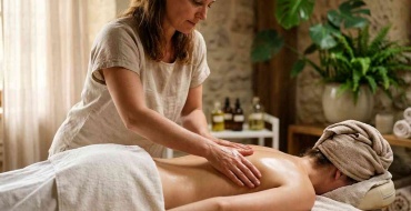 Praticienne réalisant un massage suédois du dos avec de longs mouvements d'effleurage en cabine