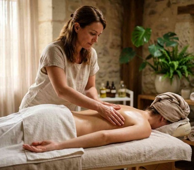 Praticienne réalisant un massage suédois du dos avec de longs mouvements d'effleurage en cabine