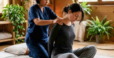 Praticienne guidant un étirement assisté lors d'une séance de massage thaï au sol