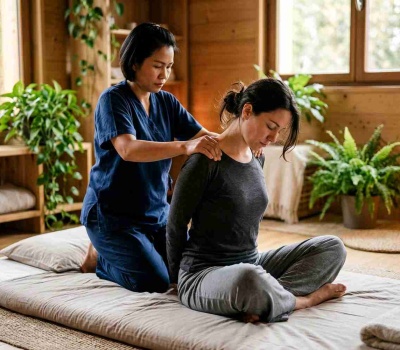 Praticienne guidant un étirement assisté lors d'une séance de massage thaï au sol