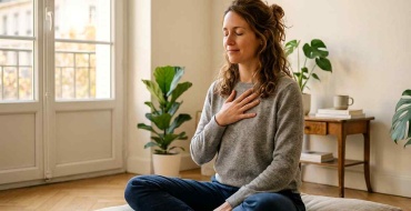 Femme pratiquant la méditation de pleine conscience assise en tailleur près d'une fenêtre lumineuse