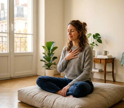 Femme pratiquant la méditation de pleine conscience assise en tailleur près d'une fenêtre lumineuse