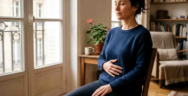 Femme assise près d'une fenêtre pratiquant une respiration abdominale lente pour stimuler le nerf vague, main posée sur le ventre