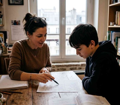 Séance de psychopédagogie : une praticienne montre à un collégien un planning de révisions en trois colonnes